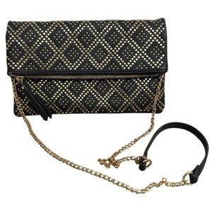 Madison West Stud Accent Fold-Over Clutch Crossbody Black with Gold Hardware